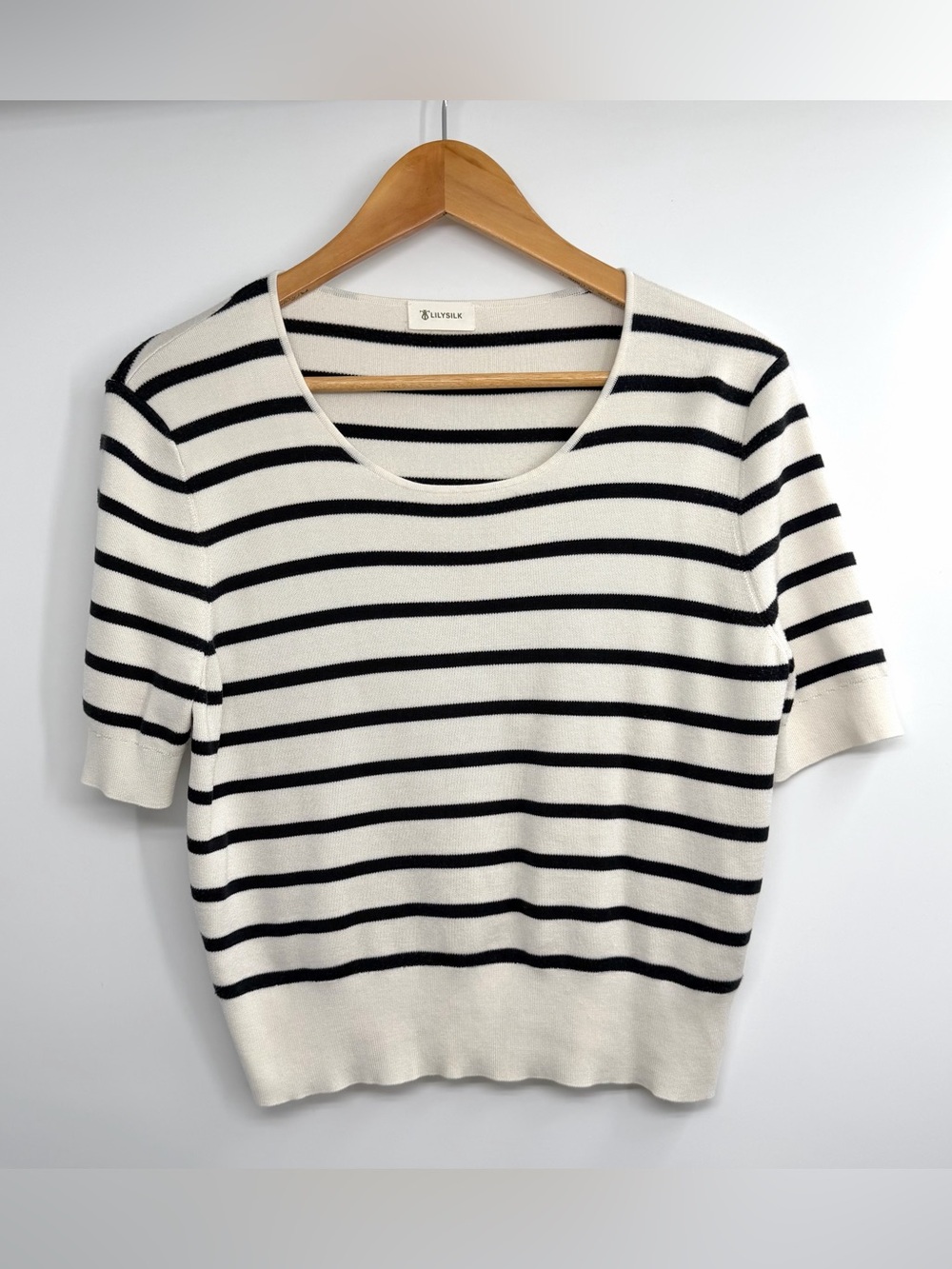 Lilysilk Scoopneck Mulberry Silk Knit Striped Cream Top - Picture 12 of 15